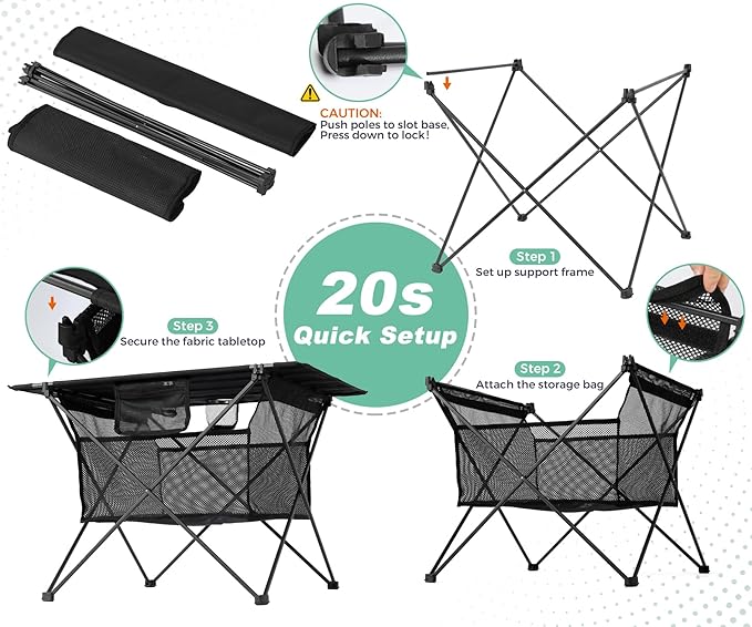 Lightweight Portable Fabric Camping Table with Cup Holders - Fold Up Beach Side Table with Large Storage Basket, Collapsible & Compact for Fishing Outdoor Picnic, 29.2" W x 21.7" D (Black)