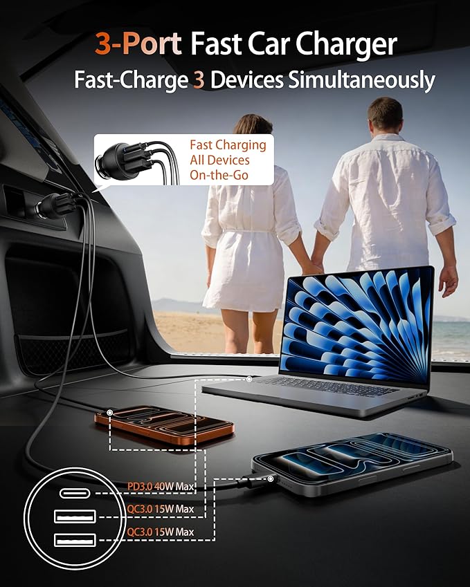 USB C Car Charger, 2 Pack 70W 3-Port PD/QC Fast Charging Cigarette Lighter USB Charger Car Phone Adapter Accessories for iPhone 17/Air/16/15/14/13/12 Pro Max, iPad, Pixel, Galaxy S25/S24/S23, Android