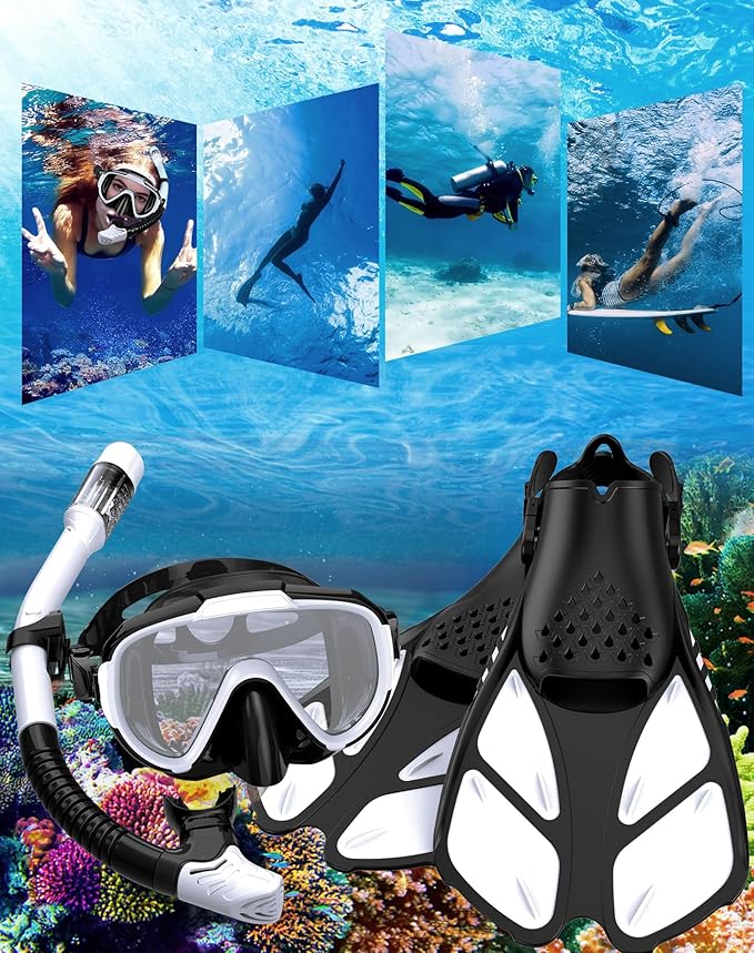 Snorkeling Gear for Adults Men Women,4 in 1 Snorkel Set with Panoramic View Diving Mask Anti-Fog Anti-Leak,Dry Top Snorkel,Fins and Travel Bag for Swimming,Snorkeling and Travel Diving