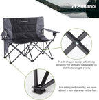 Oversized Double Camping Chairs for Adults, 2 Person Padded Folding Camp Chairs with 2 Cup Holders, Side Pocket for Outside, Picnic, Lawn, Big Heavy Duty Outdoor Loveseat, Black