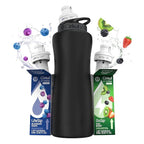 Cirkul 32oz. Matte Black Stainless Steel Water Bottle Starter Kit with Black Lid and 2 Flavor Cartridges (1 LifeSip Blueberry Grape, 1 GoSip Kiwi Berry) No Sugar, Zero Calorie Drink Mix