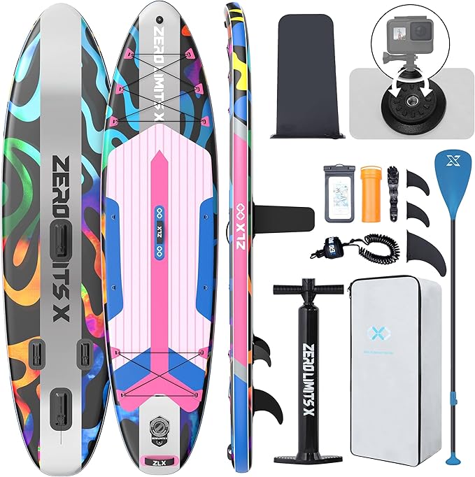 ZLX Inflatable Stand Up Paddle Board, 10'6" SUP Non-Slip Stable Deck Pad, Unique Center Fin, Premium Accessories, Portable Paddleboard for Adults, Beginners, All Skill Levels