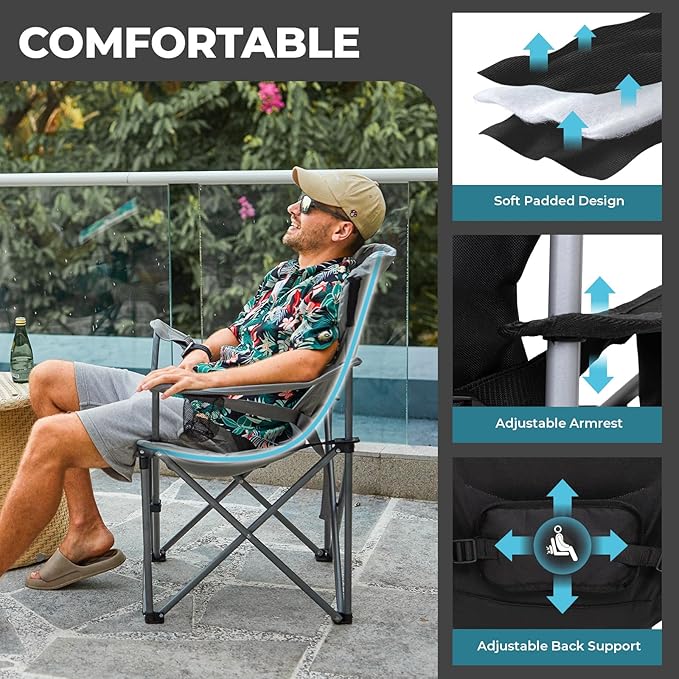 FUNDANGO Folding Camping Chair Heavy Duty, 2 Pack Oversized 440 Lbs Support Outdoor Camp Chairs with Lumbar Support & Cooler Pocket for Fishing Backyard Sports Beach Garden (Black/Grey)