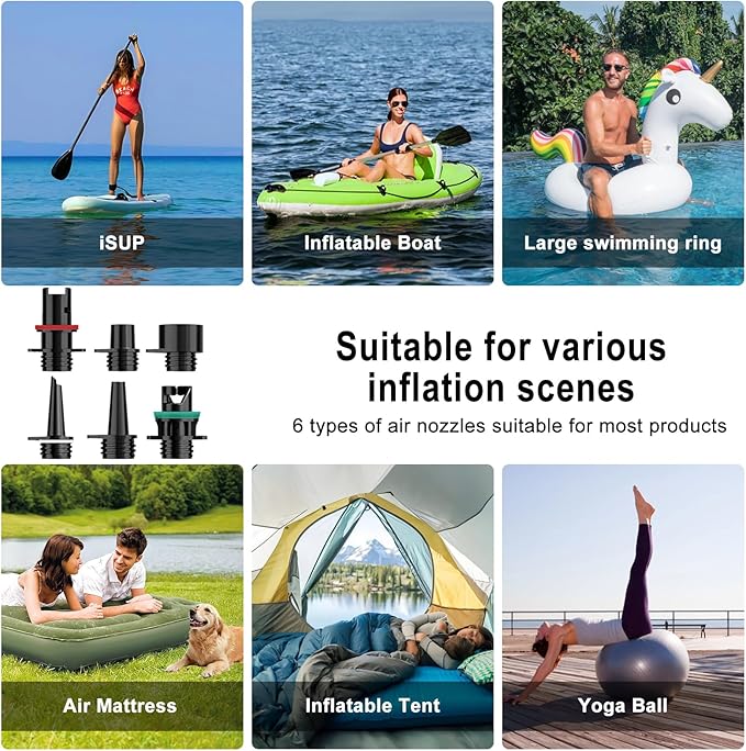 20PSI Electric Paddle Board Pump, Smart Rechargeable SUP Pump with DC 12V Car Connector, Inflation and Deflation Air Pump with Auto-Off for SUP, Kayaks, Tents, Air Mattress, Pool Floats, Inflatables