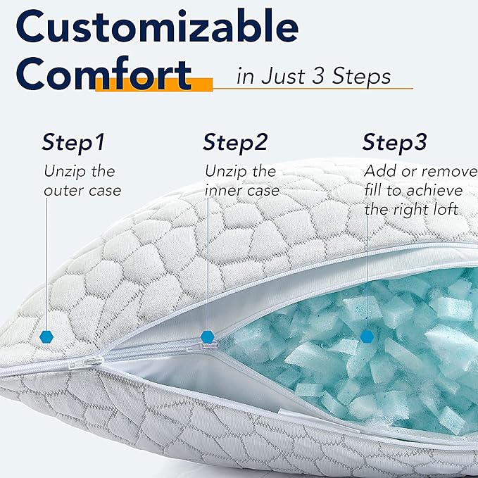 QUTOOL Cooling Pillows for Sleeping 2 Pack, Shredded Memory Foam Bed Pillows Queen Size Set of 2, Cool Pillow for Hot Sleepers Adjustable Firm Pillow for Side, Back and Stomach Sleepers Supportive