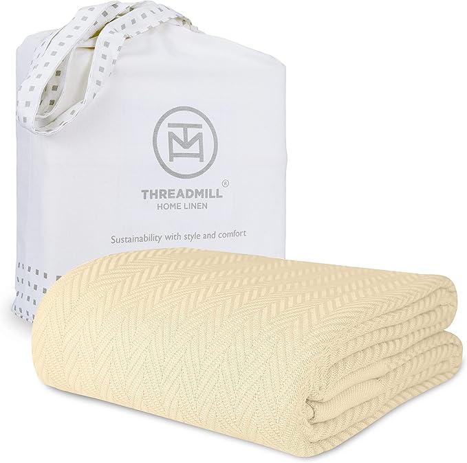 Threadmill Luxury Cotton Blankets for Twin Size Bed | All-Season 100% Cotton Twin Blanket for Bed | Herringbone Soft & Cozy Fall Thermal Blanket, 350GSM, 68x92 inches | Vanilla Cream