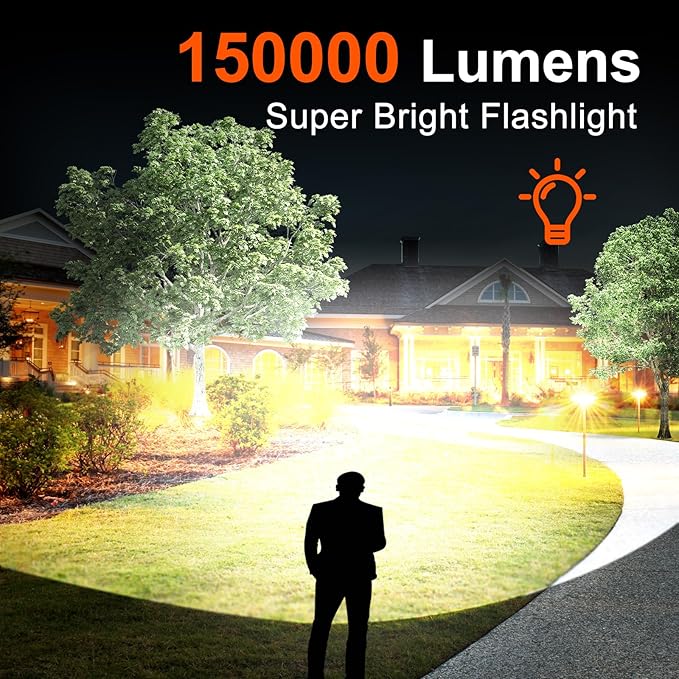 Rechargeable Flashlight High Lumen, Camping Essential Tactical Flash Light with 5 Modes, Adjustable Focus, LED Super Bright 150,000 Lumens Powerful Flashlight Rechargeable for Home & Emergencies