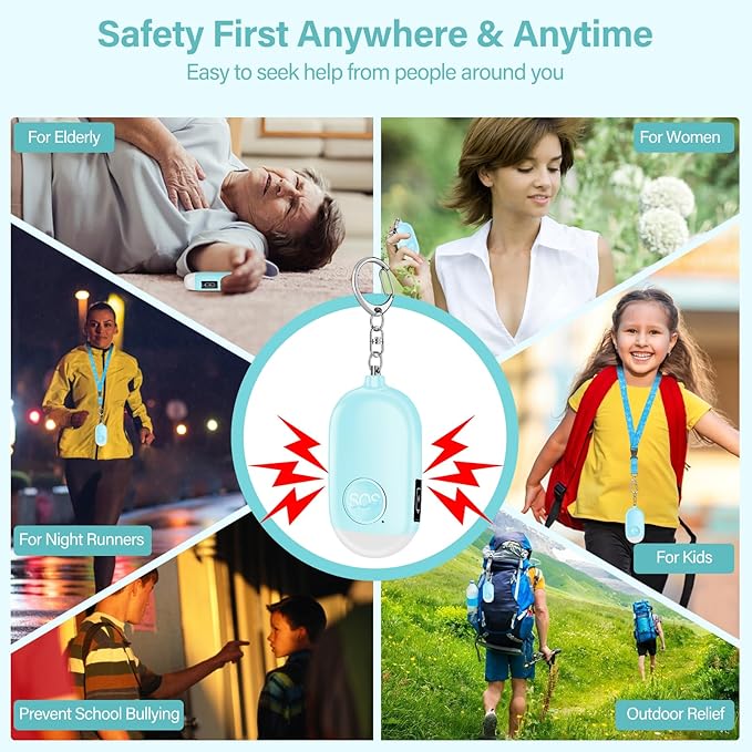 Hion Personal Safety Alarm for Women, Rechargeable 130dB Self Defense Alarm Keychain with LED Flashlight, Emergency Safe Sound Security for Children Elderly College Girls Men, Blue