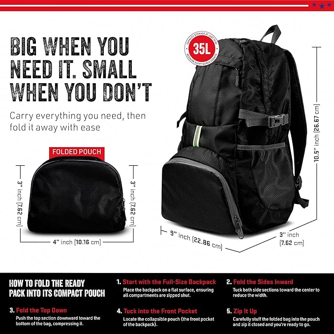 Ready Pack 35L — Foldable Backpack for Travel | Lightweight, Water Resistant Hiking Daypack | Compact, Packable Backpack for Men & Women | Great for Camping & Daily Use