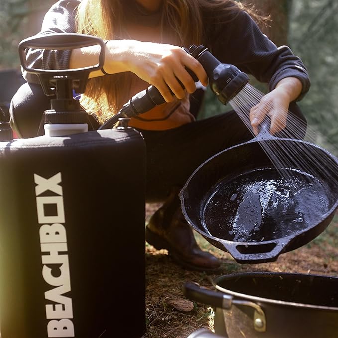 BeachBox Portable Shower Tank – Insulated Hot & Cold Water Tank for Camping, Beach, & Outdoor Adventures – 1.3 Gal Capacity – Multi-Spray Shower Gun – Easy Fill & Carry