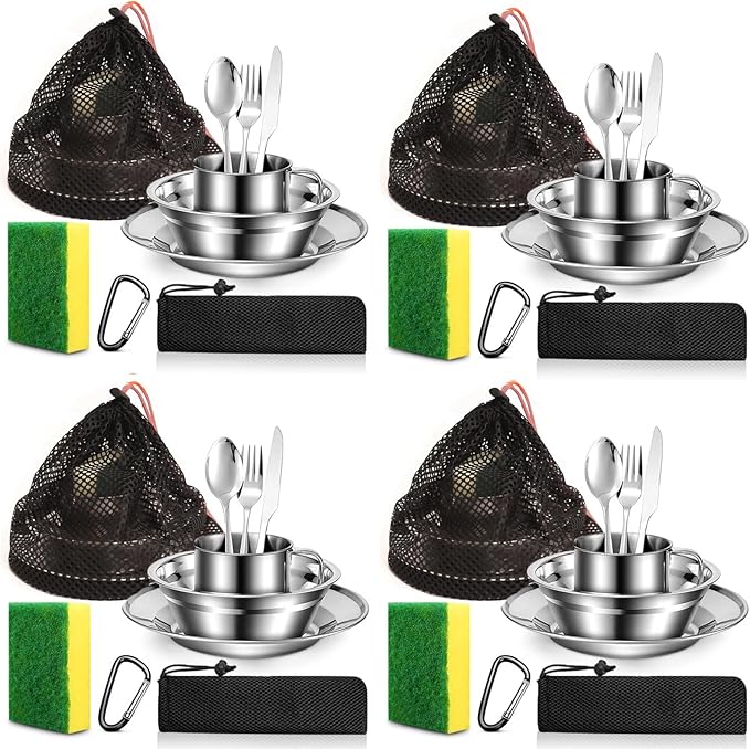 Scout Camping Mess Kit for Person 18/8 Stainless Steel Utensils Camping Dinnerware Kit Boy Scout Dishes Set Girl Scout Mess Kit with Mesh Bag Camping Cutlery Set for Travel Trip School Camp