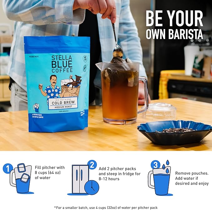 Stella Blue Cold Brew Coffee Packets, Big Cat Blend, Medium Roast Ground Coffee, Caramel, Hazelnut, and Sweet Fruity Finish, 100% Arabica, 6 Brew Packets, Makes 24 Bold Cups
