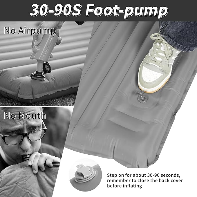 40D Self-Inflating Camping Pad, Insulated Ultralight Sleeping Mat for Backpacking, Winter Camping, 2-Layer Anti-Leak Design w/Built-in Pillow, Foot Pump Foldable Pad, Grey