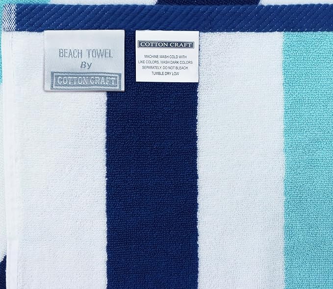 COTTON CRAFT Oversized Beach Towel - 2 Pack 35 x 70 inches XL Beach Towel - 100% Cotton Velour - Big & Huge - Thick Plush 450 GSM Super Soft Luxury Towel - Pool Picnic Bath - Cabana Stripe Blue