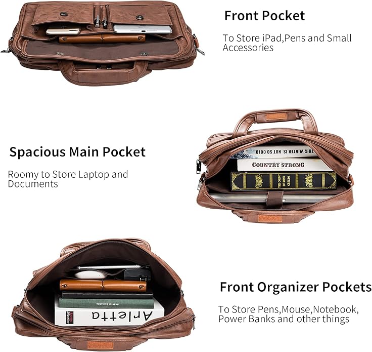 seyfocnia Men's Business Travel Briefcase Leather Handmade Messenger Bags Laptop Bag