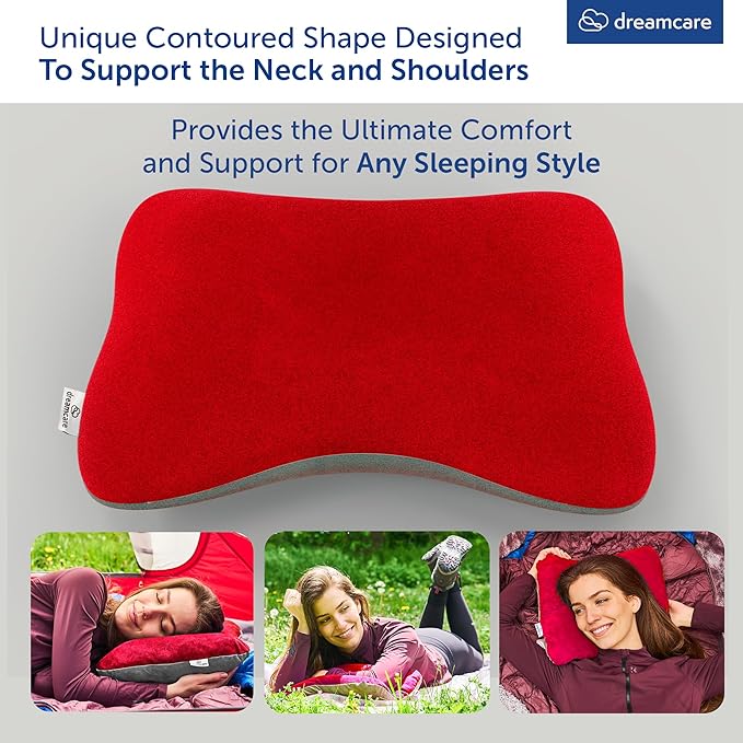 DREAMCARE Camping Pillow, Memory Foam Travel Pillow, Camping Accessories - Small Pillow Camping Essentials Camping Pillows for Sleeping, Backpacking Pillow, Travel Pillows for Sleeping (Medium, Red)