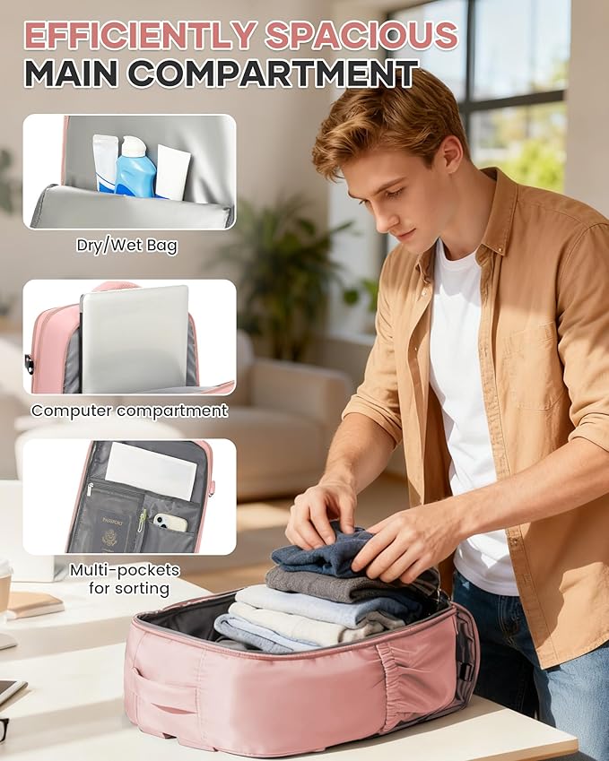 WONHOX Large Travel Backpack Women, Carry On Backpack,Hiking Backpack Waterproof Outdoor Sports Rucksack Casual Daypack with Shoes Compartment, Pink