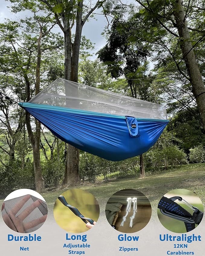 Sunyear Camping Hammock, Portable Single & Double Hammock with Net, 2 Person Hammock Tent with 2 * 10ft Straps, Best for Outdoor Hiking Survival Travel