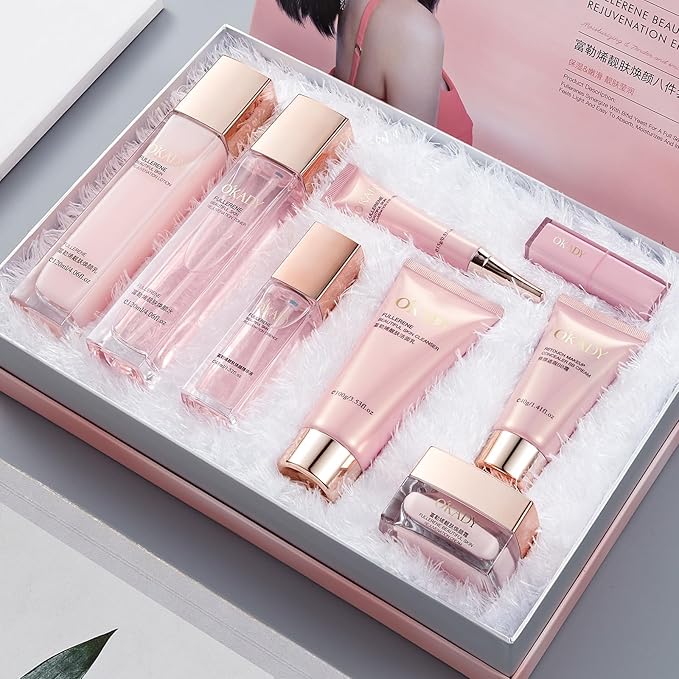8-in-1 Skincare & Makeup Gift Set with Antioxidant Complex – Cleanser, Toner, Lotion, Serum, Eye Cream, BB Cream & Velvet Lip Color – Hydrating Routine for All Skin Types, Daily Glow Essentials ﻿