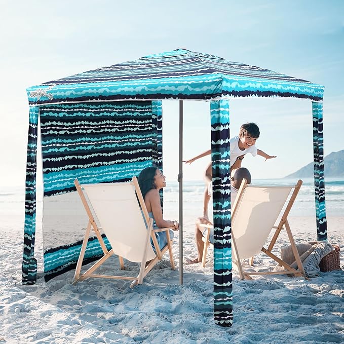Beach Cabana, 6.2'×6.2' Beach Canopy with Side Wall, UPF 50+ UV Protection Easy Setup Tent Sun Shelter with Sand Pockets for Whole Family (Green Stripes)