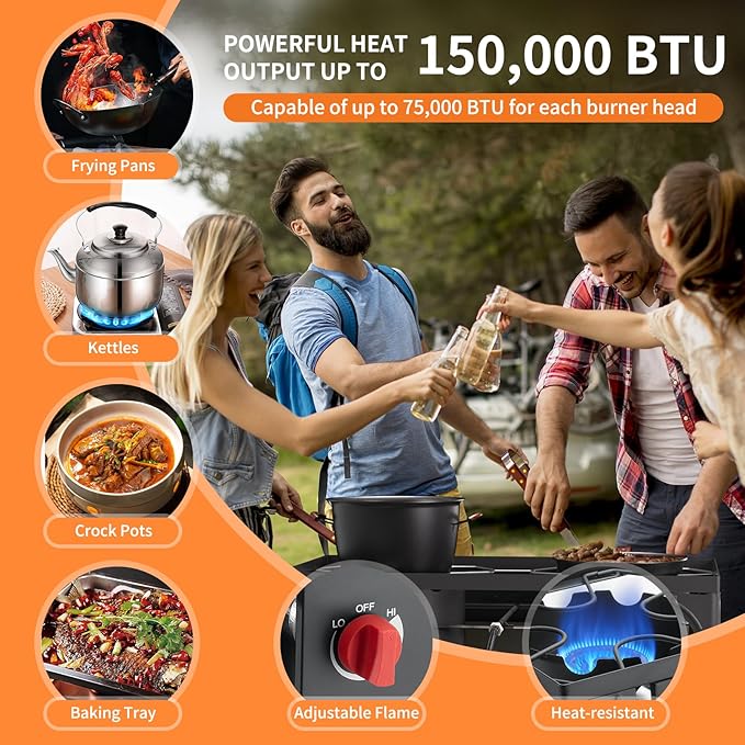 2 Burner Gas Stove, High Pressure Outdoor Propane Burner with Detachable Legs, 150,000 BTU Camping Stove Outdoor Burner with 0-20 PSI Regulator for Camping, Backyard, Outdoor Cooking