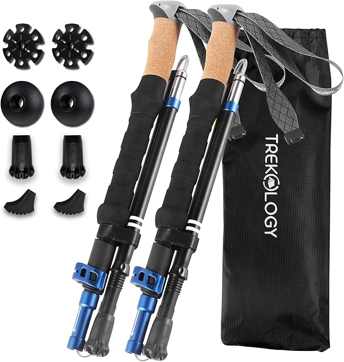 TREKOLOGY Trek-Z Cork Grip Trekking Poles – Lightweight Folding Hiking Poles, Adjustable Height, Compact Travel Design, Aircraft-Grade Aluminum Walking Sticks for Men & Women