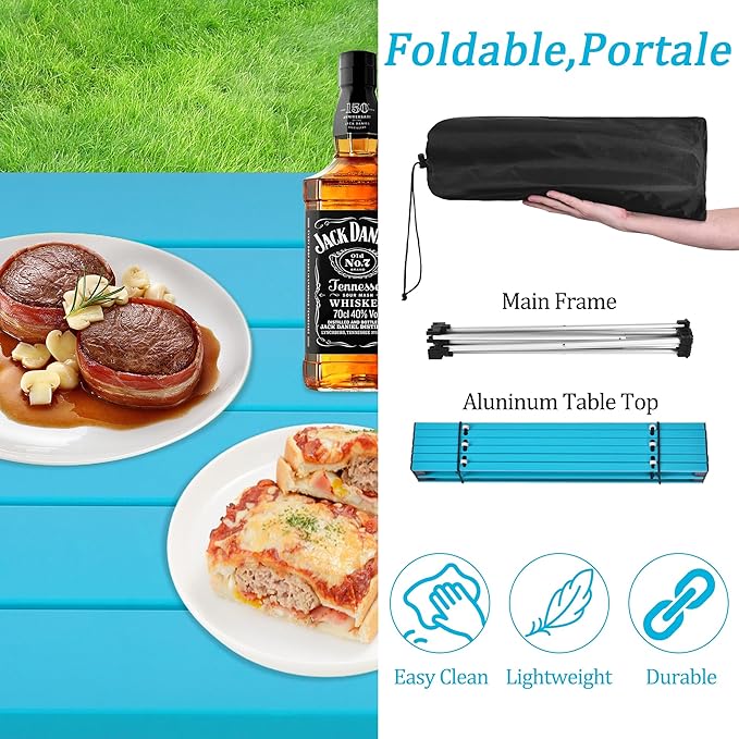 Grope Small Folding Camping Table with Aluminum Table Top, Beach Table for Sand with Carrying Bag,Prefect for Outdoor, Picnic, BBQ, Cooking, Festival (Deep Blue-M)