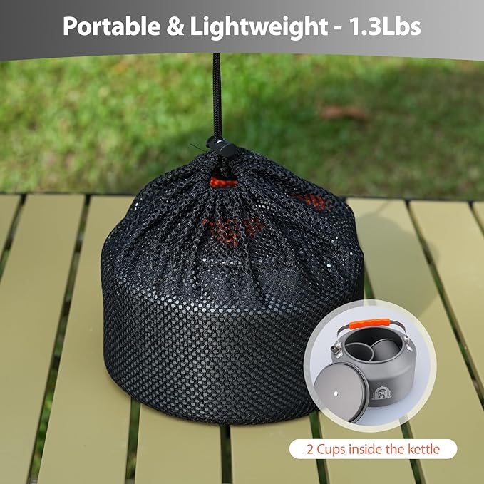 2.5L Camping Kettle Set - Camp Tea Coffee Pot with 2 Cups & Carrying Bag for Outdoor Camping Campfire Hiking Picnic & Backpacking, Gray
