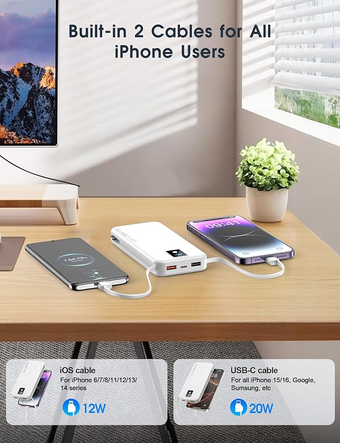 Portable Power Bank, 12000mAh 22.5W Fast Charging Phone Charger with Built-in Cables & Wall Plug, Travel Essential Battery Pack with LED Display, USB C Battery Charging Bank for iPhone, Samsung White