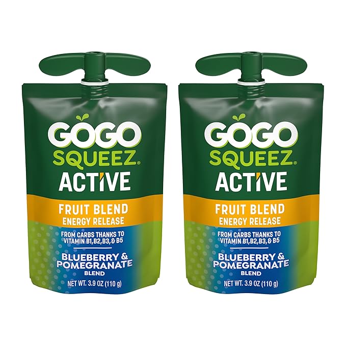 GoGo squeeZ Active Fruit Blend Energy Release | 18-Count Variety Pack | Tropical Fruit Punch and Blueberry & Pomegranate | Made with Real Fruit and B Vitamins