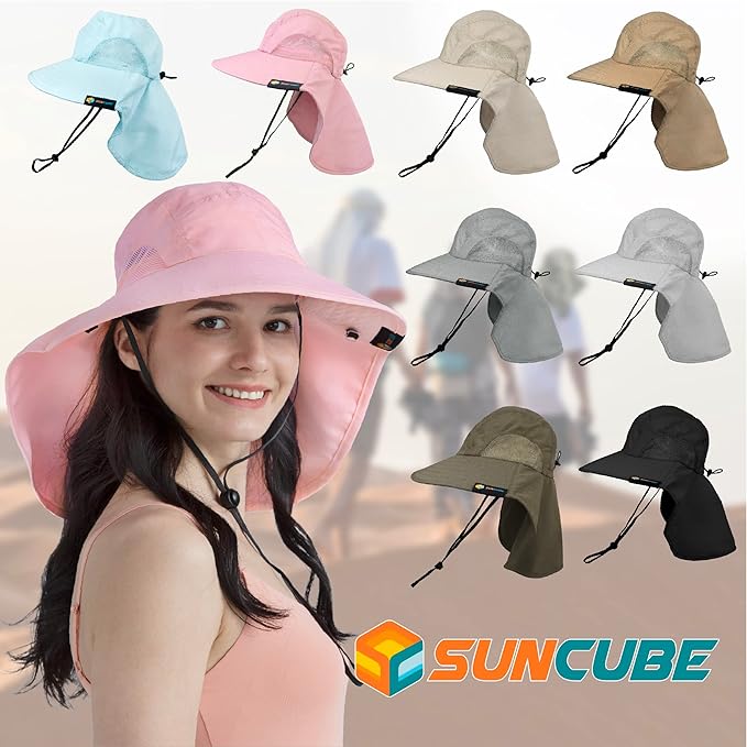 SUN CUBE Wide Brim Sun Hat with Neck Flap, UPF50+ Hiking Safari Fishing Hat for Men Women, Sun Protection Beach Hat