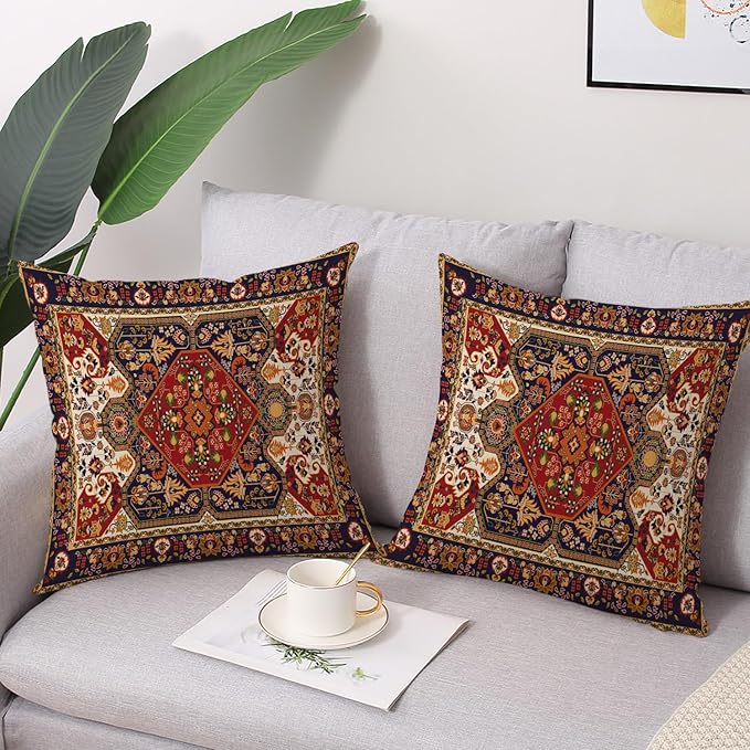Outdoor Waterproof Pillow Covers 18X18 Inch Set of 2 Tribal Abstract Red and Yellow Vintage Carpet Pattern Decorative Farmhouse Pillow Covers for Couch Garden Balcony