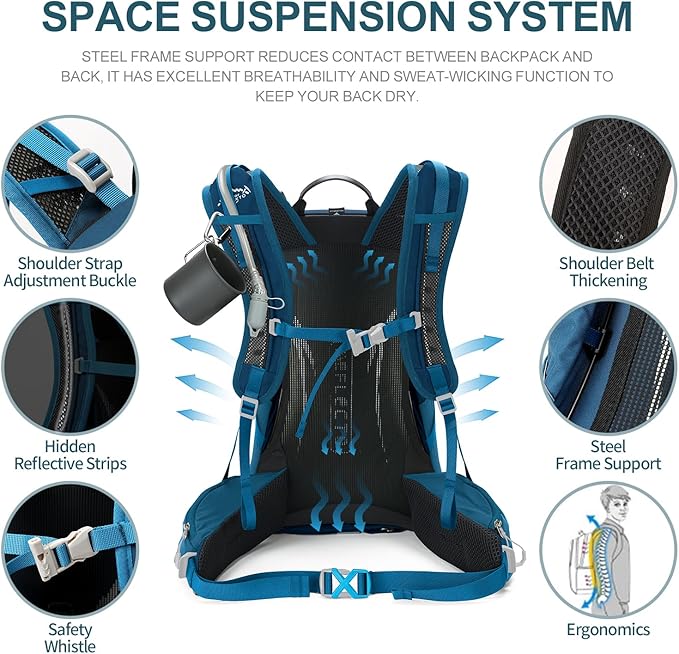 Hiking Backpack, Waterproof Hiking Daypack with 3L Water Bladder and Rain Cover, Lightweight Travel Camping Backpack for Men Women (Blue)