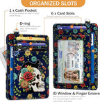 Yonlevres Cat Skull Credit Card Holder Slim Wallet, Floral Goth RFID Wallet Women Front Pocket Small Card Holder, Funny Skeleton Travel Card Case ID Window PU Leather RFID Blocking Card Organizer Gift