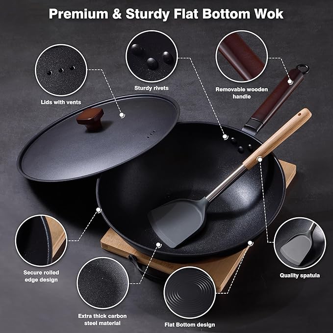 Carbon Steel Wok -13 Inch Woks & Stir-fry Pans Nonstick, Wok Pan with Lid Spatula and Dish Brush: Pre-Seasoned Flat Bottom Chinese Woks for Induction, Electric, Gas, All Stoves