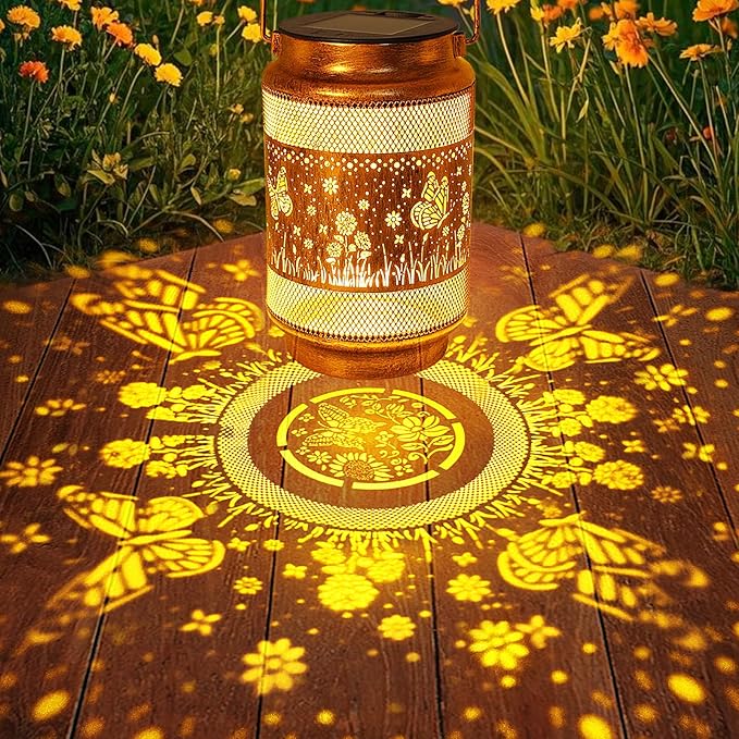 2 Pack Butterfly Solar Lanterns Outdoor Waterproof Solar Garden Decor, Birthday Gifts for Women Mom Grandma, Metal Hanging Lights with Shepherd Hook for Outside Yard Patio Pathway Backyard Porch