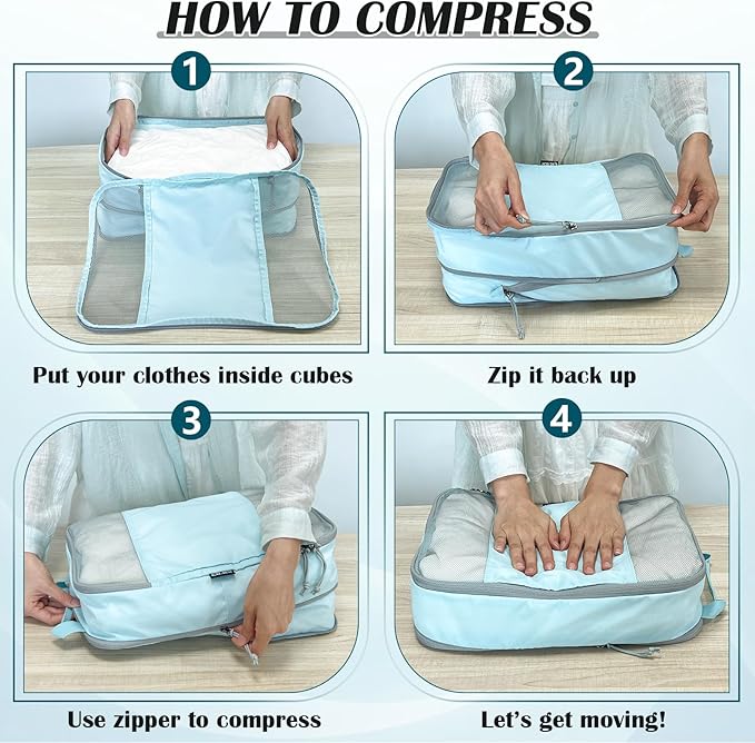 Compression Packing Cubes for Travel Essentials, 2 Set Expandable Compression Bags for Travel Packing Cubes for Suitcase Luggage Organizer Bags, Blue Mesh