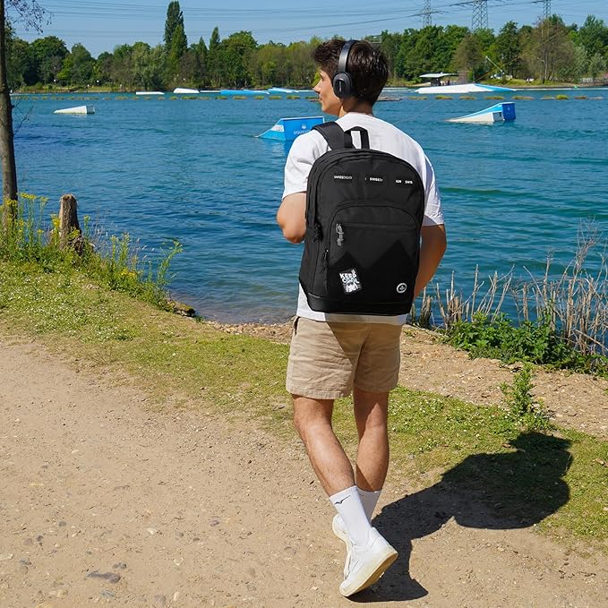 Swissdigital Design Big Student Laptop Backpack with Fun Personalized Patches For College Boy & Girl, Middle High School Teen Bookbag Cool Travel Daypack Black- Includes 3 Patches | SD1718-01