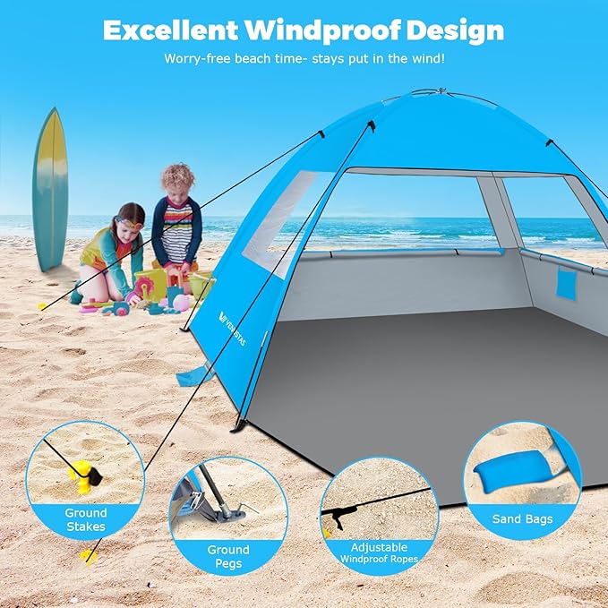 Venustas Beach Tent Sun Shelter for 3/4-5/6-7/8-10 Person, UPF 50+ UV Protection Beach Canopy, Lightweight and Easy Setup Cabana, Portable Shade Tent