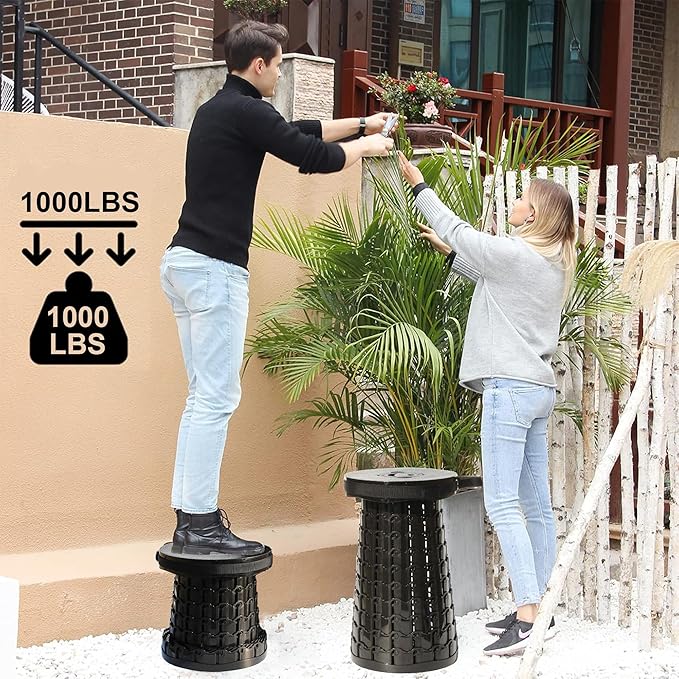 ALEVMOOM 2025 Upgraded XXL 19.7" Collapsible Stool with Cushion, 1000lbs Max Weight Heavy Duty Portable Telescoping Stool, Retractable Seat Folding Chair for Camping Fishing Hiking(Black-XXL)