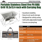CAMPINGMOON Portable Camping Fire Pit Stainless Steel Foldable Collapsible BBQ Grill Wood Burning Charcoal 20x13-inch with Carrying Bag MT-3