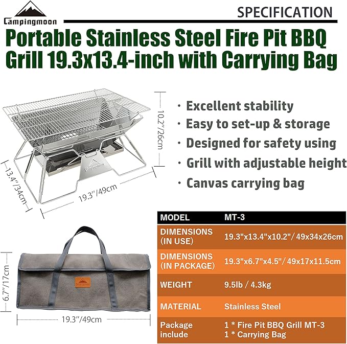 CAMPINGMOON Portable Camping Fire Pit Stainless Steel Foldable Collapsible BBQ Grill Wood Burning Charcoal 20x13-inch with Carrying Bag MT-3