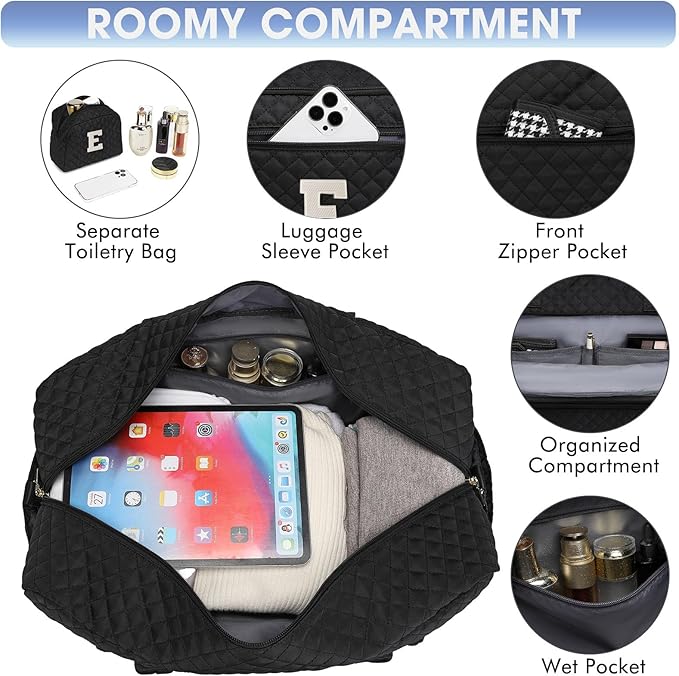 Initial Travel Duffle Bag for Women - Black Personalized Weekender bags Overnight Bag with Shoe Compartment & Wet Pocket Weekend Tote Bags with Toiletry Bag Monogram Christmas Gift (Letter E)