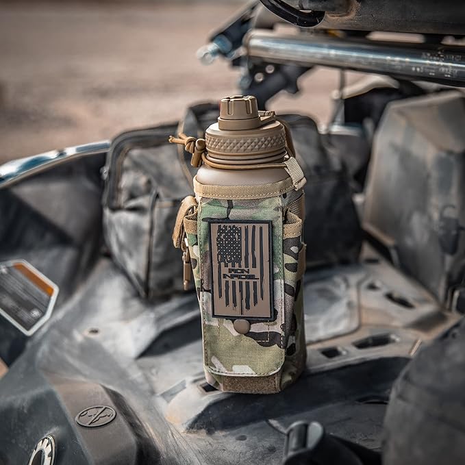 Iron Infidel Battle Bottle - 32 Oz Insulated Water Bottle with Straw Lid & Chug Cap, Stainless Steel Metal Tactical Flask With Rugged, Removable Sleeve for Keys & Phone or Wallet (OCP Camo 1 Liter)