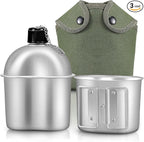 Military Canteen Cookware Set Include 1 QT Military Army Aluminum Alloy Canteen 0.5 QT Multi-Functional Water Bottle with Grab Handled Cup Green Canvas Cover Bag for Outdoor Camping Hiking