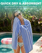 4 Pack Turkish Beach Towels Vacation Essentials with Bag Quick Dry Sand Free Soft Absorbent Adult Bath Pool Swim Long Wide Stripe Towel Cloud Linen Sandfree Mat Summer Thing Lightweight Travel Blue