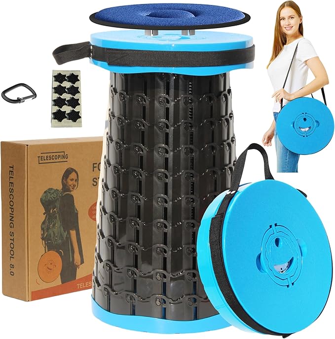 ALEVMOOM 2025 Upgraded XXL 19.7" Collapsible Stool with Cushion, 1000lbs Max Weight Heavy Duty Portable Telescoping Stool, Retractable Seat Folding Chair for Camping Fishing Hiking(Blue-XXL)