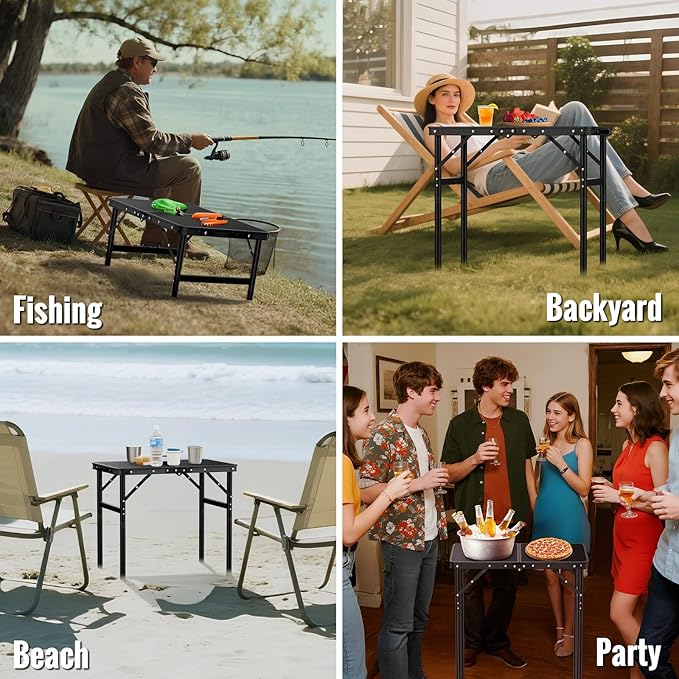 GARLLEN 2ft Folding Camping Table, 3 Adjustable Height Lightweight Picnic Table, Portable Aluminum Grill Table for Outdoor, Camping, Grill, Threaded Install, 23.6" L x 15.7" W, Black