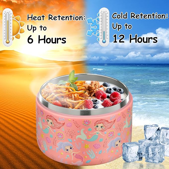12oz Insulated Vacuum Food Jar with Buckle Lid Wide Mouth Soup Thermo for Hot Food Kids Leakproof Stainless Steel Lunch Container (mermaid)