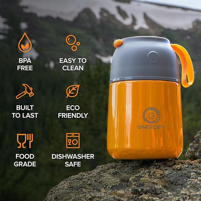 ENERGIFY Vacuum Insulated Food Jar. Large 17oz Bowl incl. Folding Spoon, Cup. Wide Mouth Keep Hot & Cold Drinks Soup Lunch Container for Adults. BPA-Free Stainless Steel, Leak Proof Orange